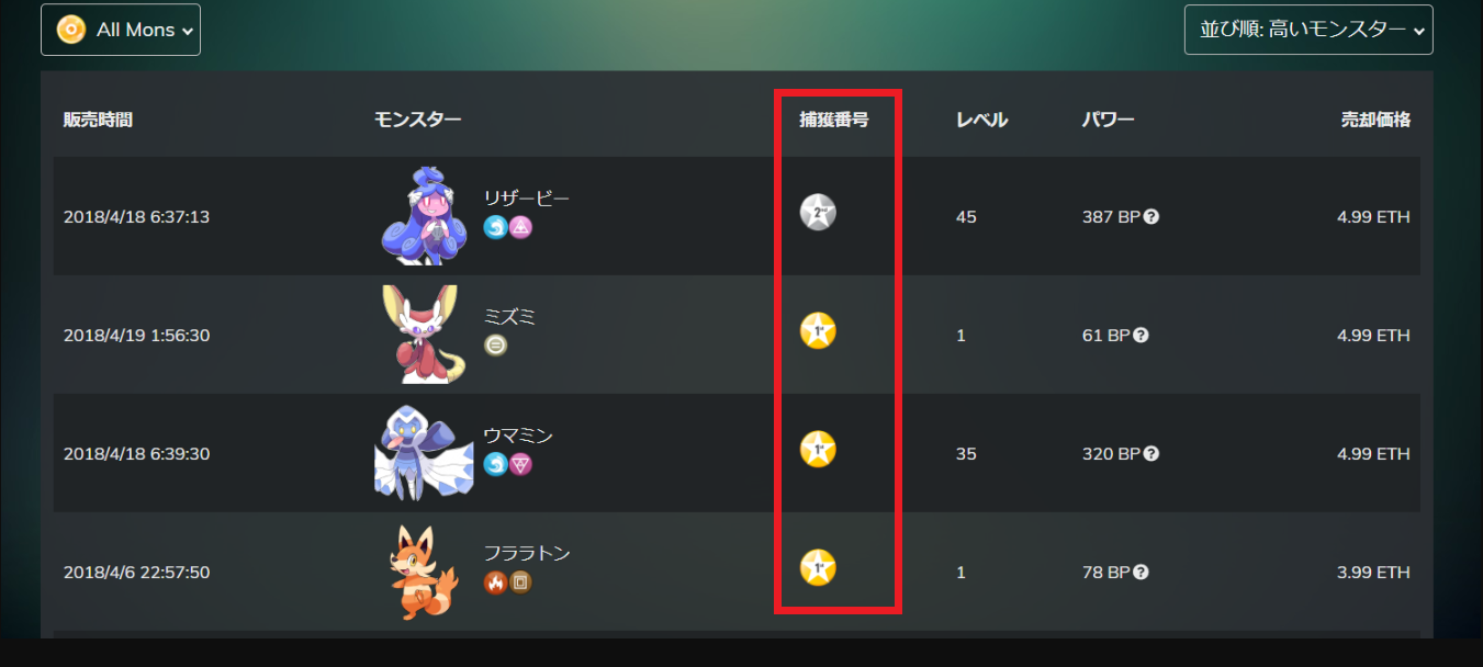 捕獲番号