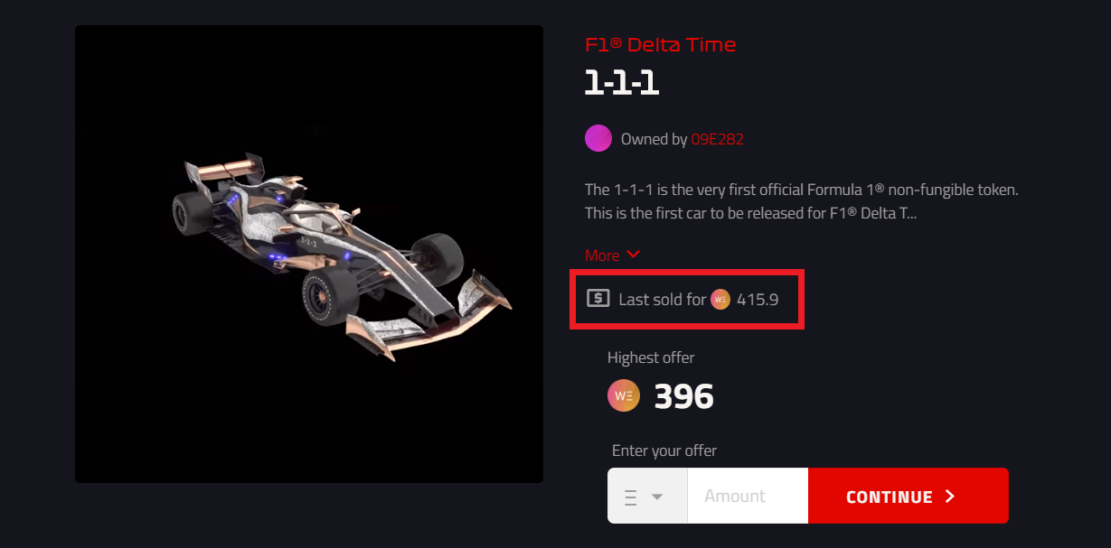 F1®Delta Time NFTオークション 落札額