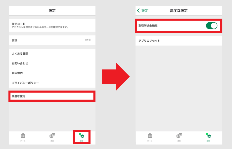 送金機能有効化の画面