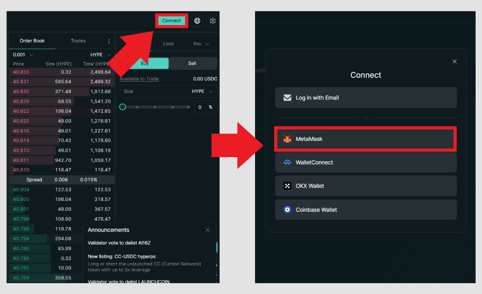 ハイパーリキッドのウォレットの接続画面