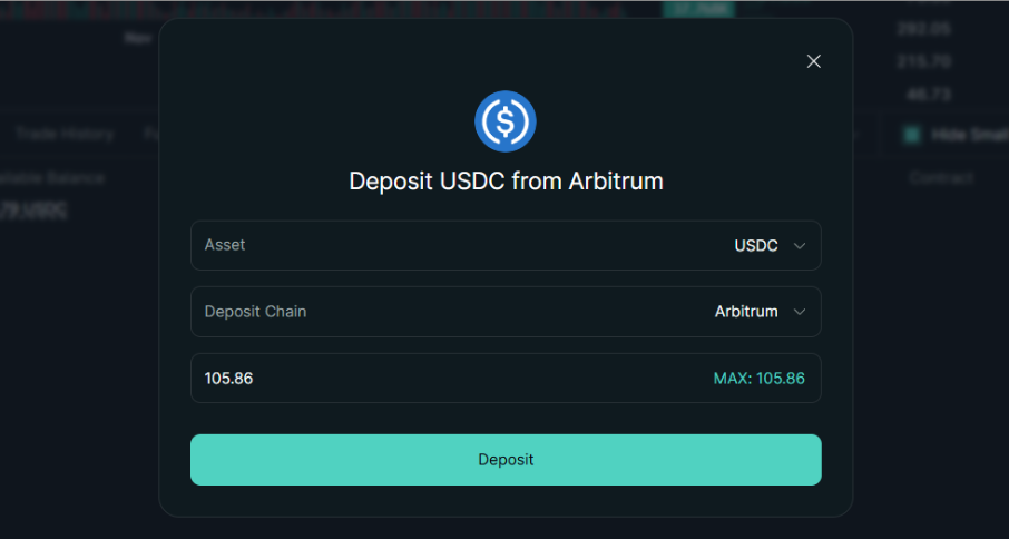 ハイパーリキッドのUSDCの入金画面