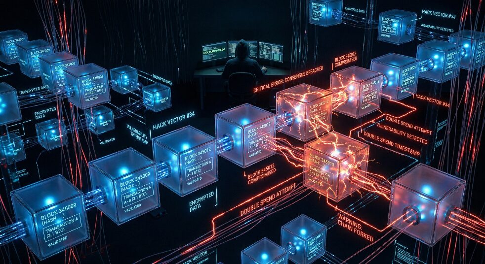 ブロックチェーンをハッキングするイメージ画像